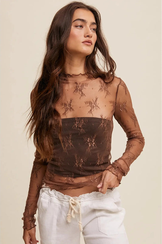 Sheer Lace Long Sleeve - Mocha