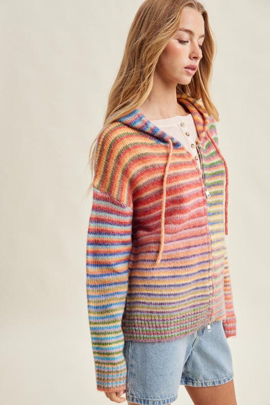 Multi-Color Striped Zip Sweater Hoodie