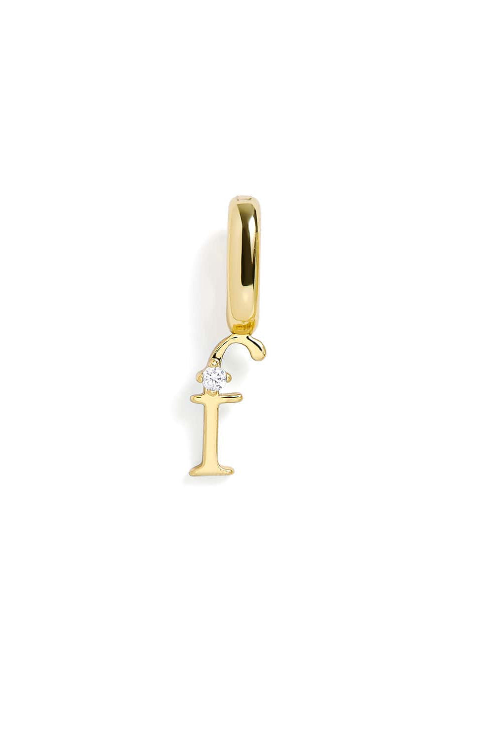 Gold pendant with letter 'f' and pearl on a white background