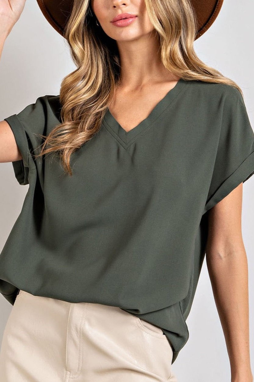 Green Basic V-Neck Top