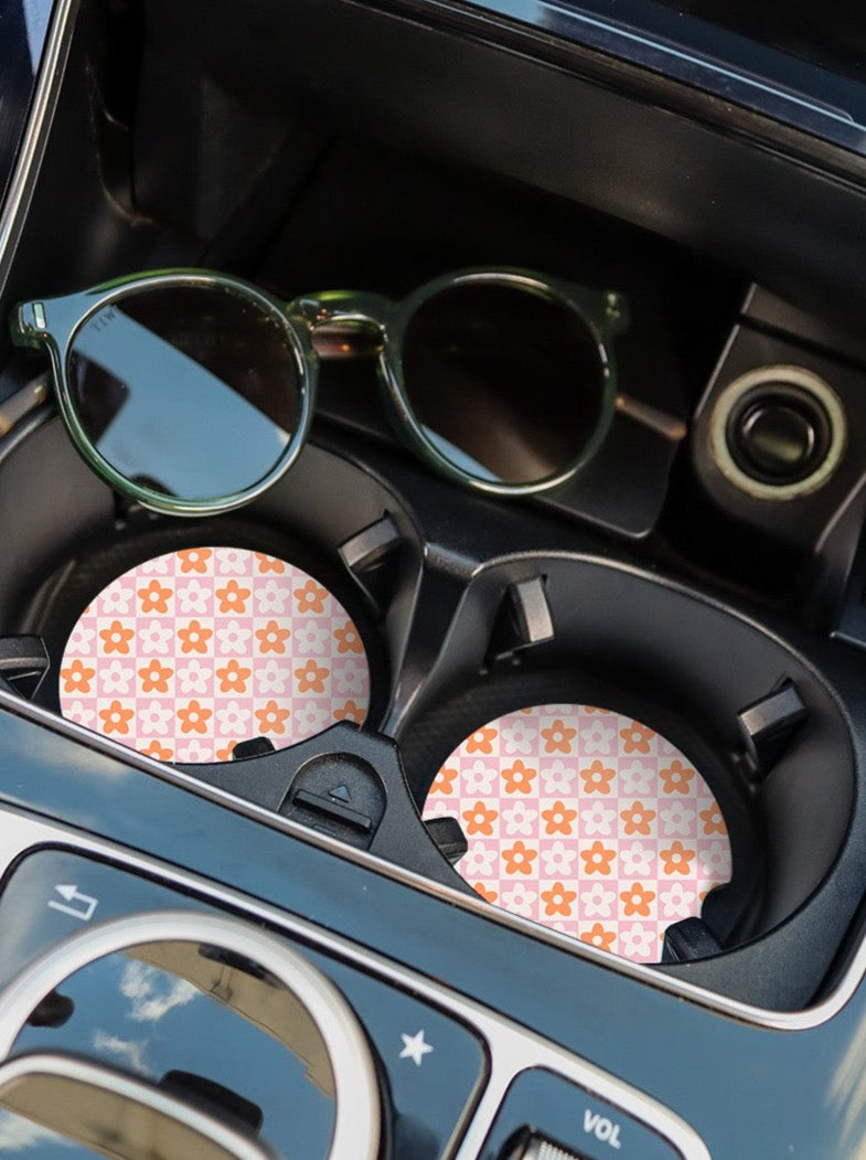Pink Floral Checkers Car Coaster