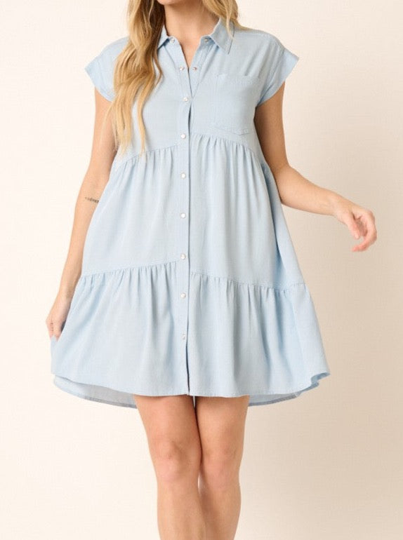 Denim Ruffle Tier Shirt Dress