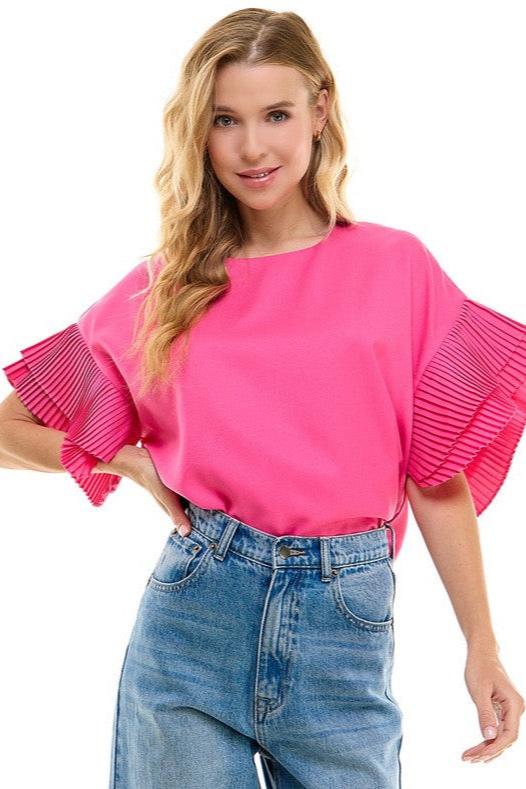 Pink Pleated Ruffle Detail Top