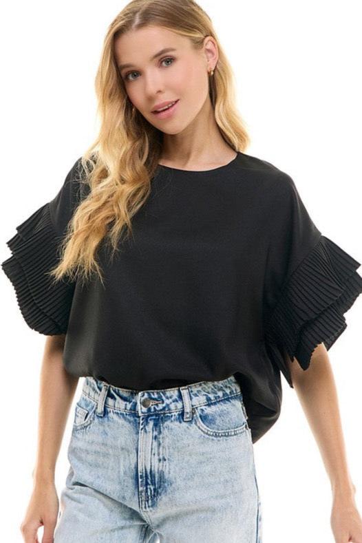 Black Pleated Ruffle Detail Top