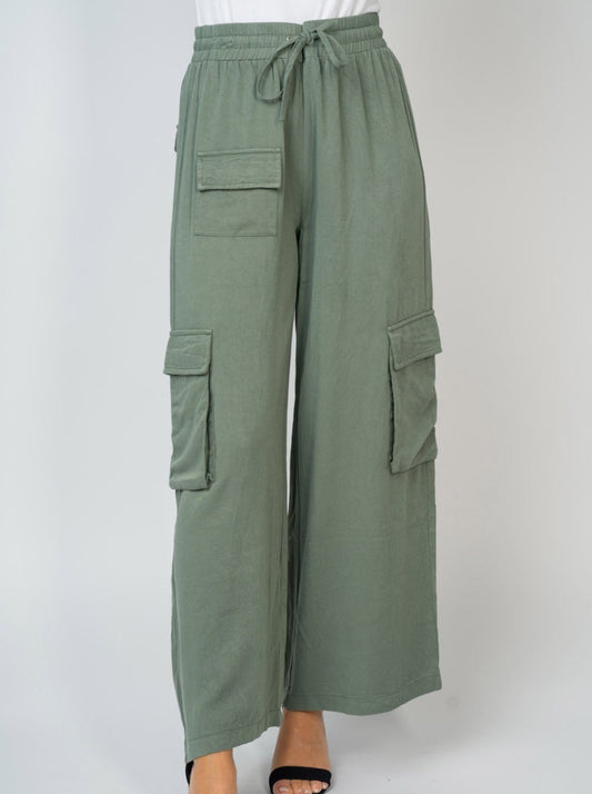 High Waisted Knitted Cargo Pants - Green