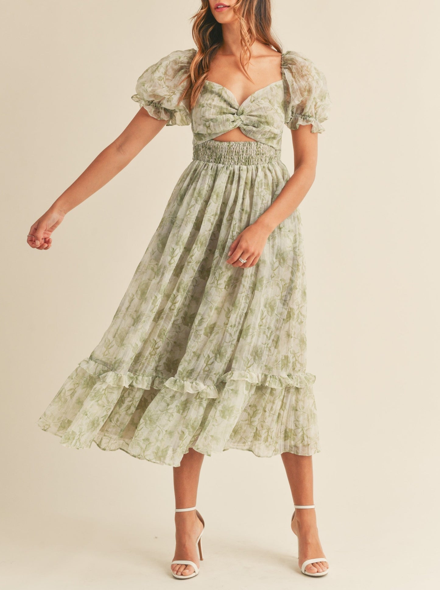 Sage Floral Print Twist Midi Dress
