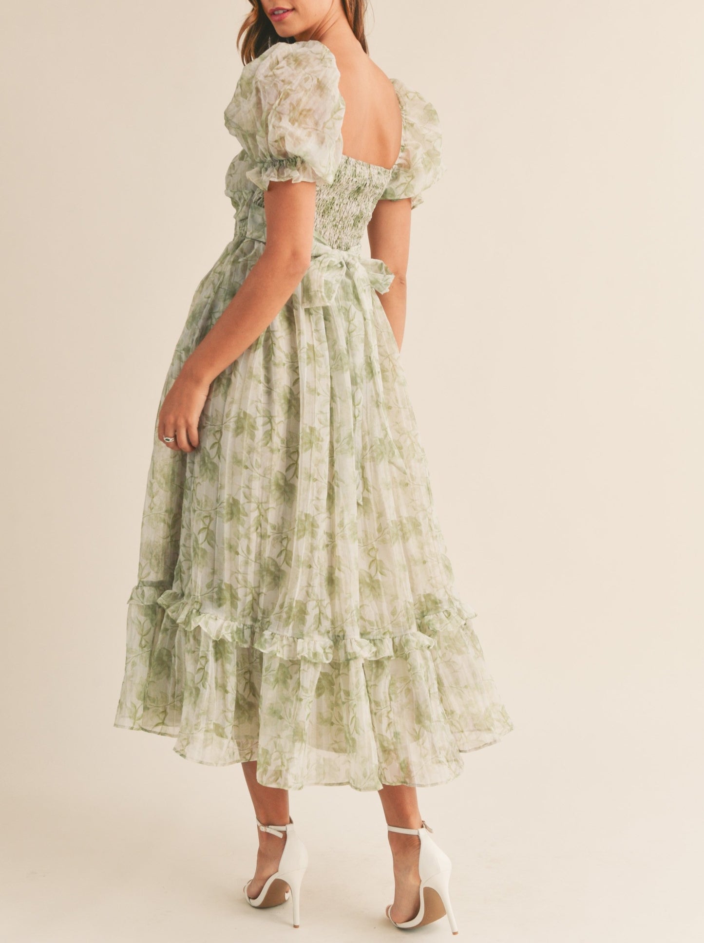 Sage Floral Print Twist Midi Dress