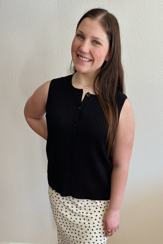 Button Up Ribbed Knit Tank - Black