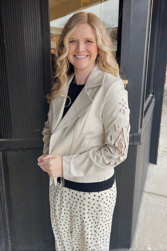 Joseph Ribkoff Moonstone Foiled Faux-Suede Moto Jacket