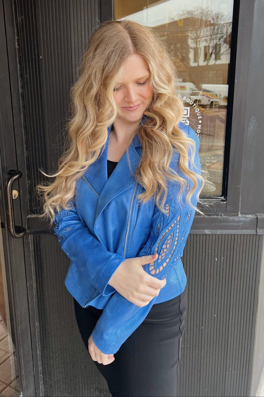 Joseph Ribkoff Coastal Blue Foiled Faux-Suede Moto Jacket