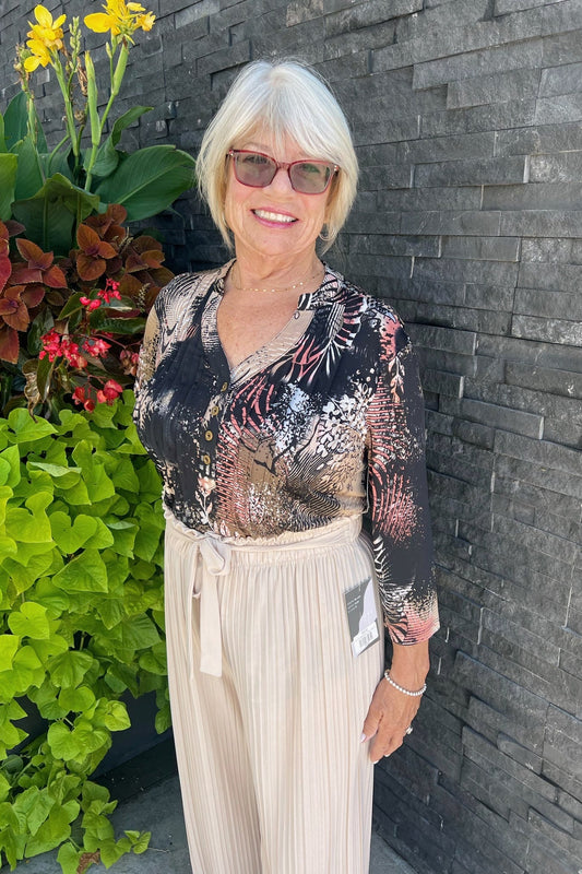 Expedition Quarter Sleeve Top - Coral/Brown