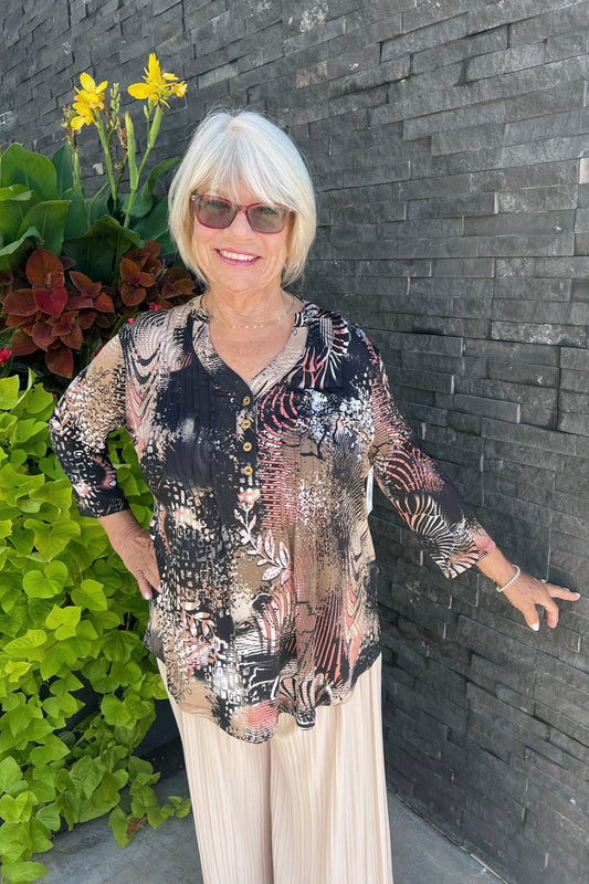 Expedition Quarter Sleeve Top - Coral/Brown