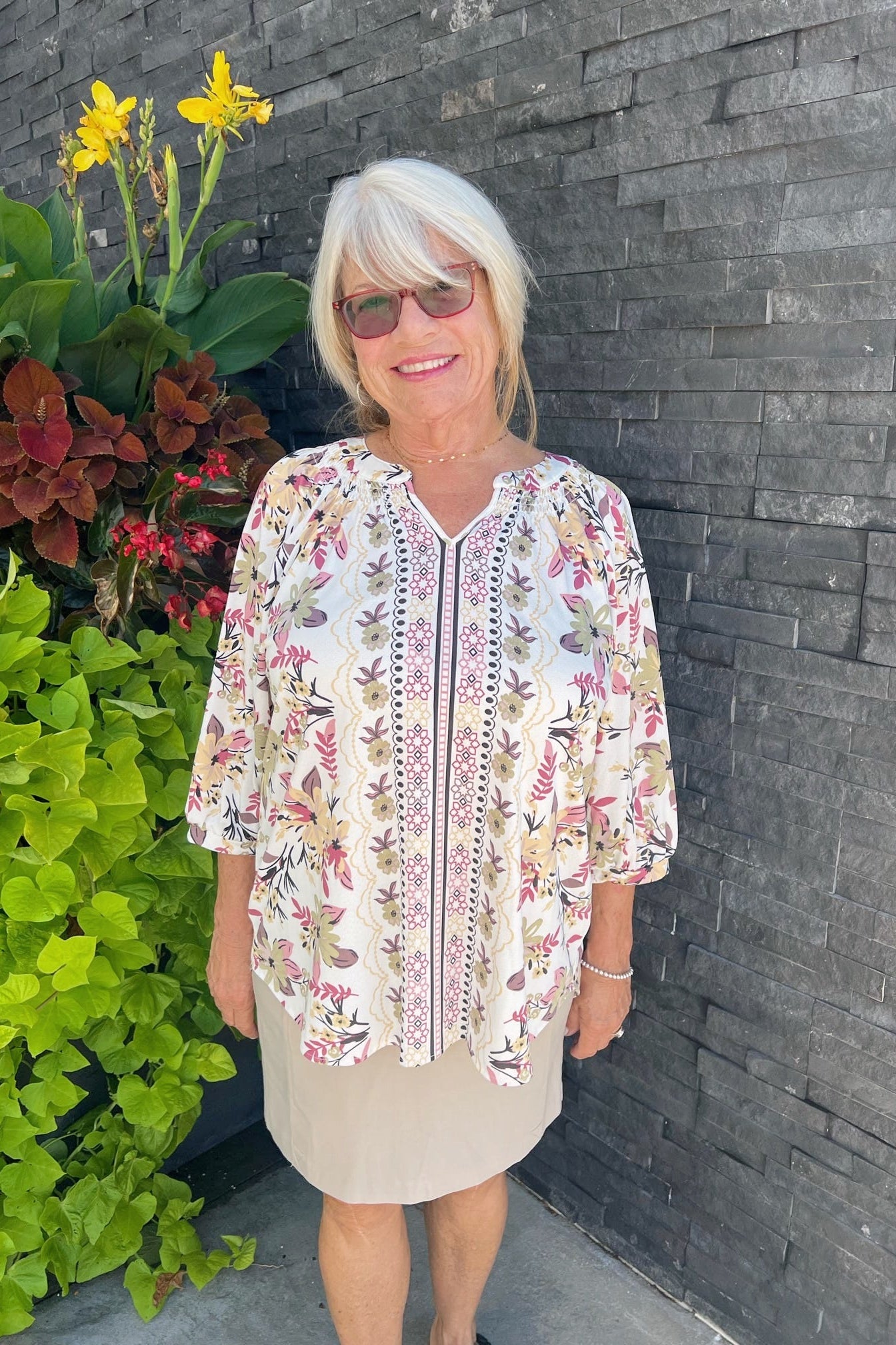 Elevated Boarder Print Top - Pink/Brown