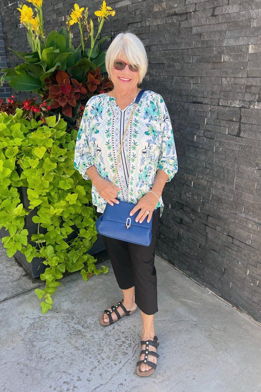 Elevated Boarder Print Top - Blue/Green