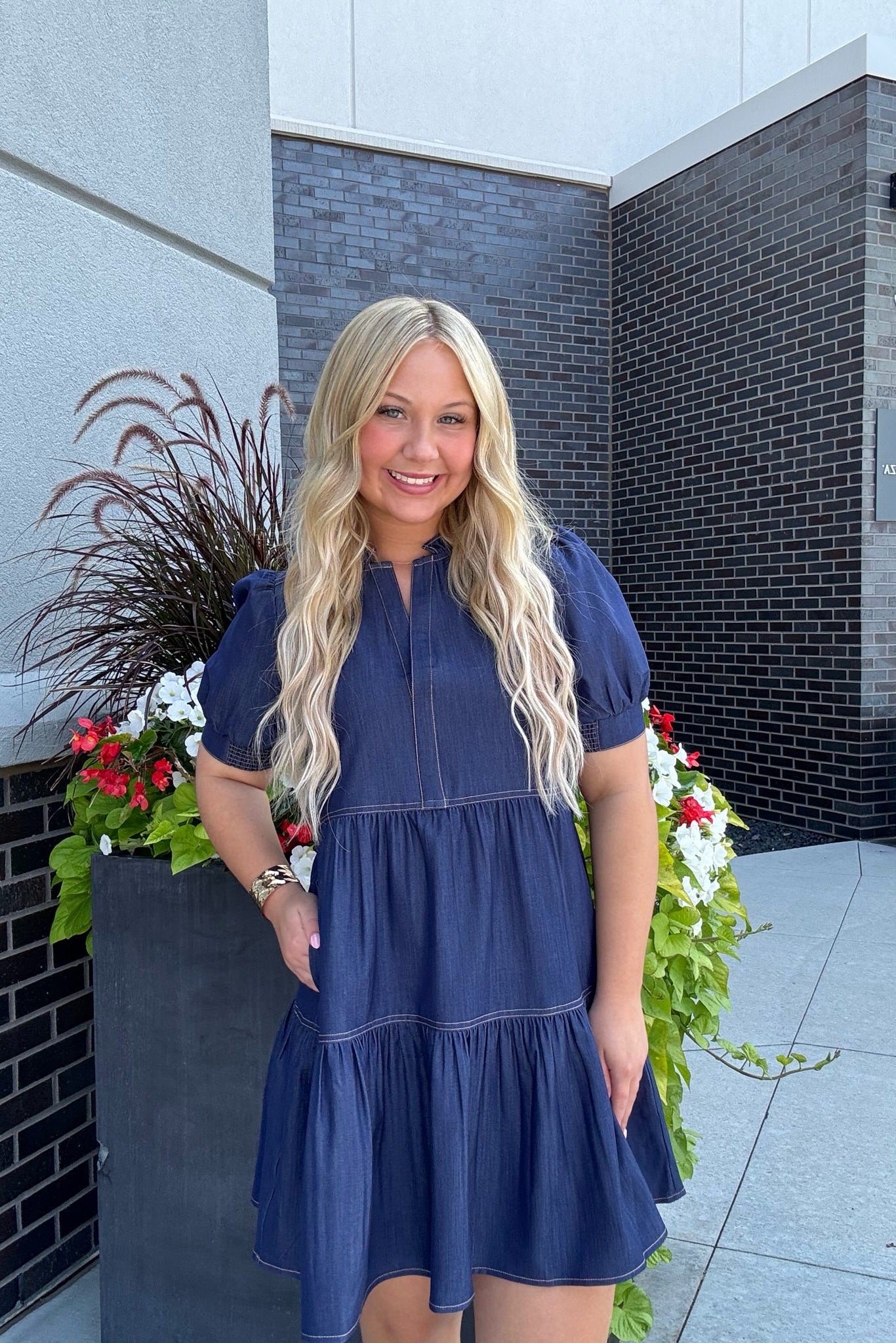 Denim Tiered Short Sleeve Mini Dress – Simply Blessed Boutique