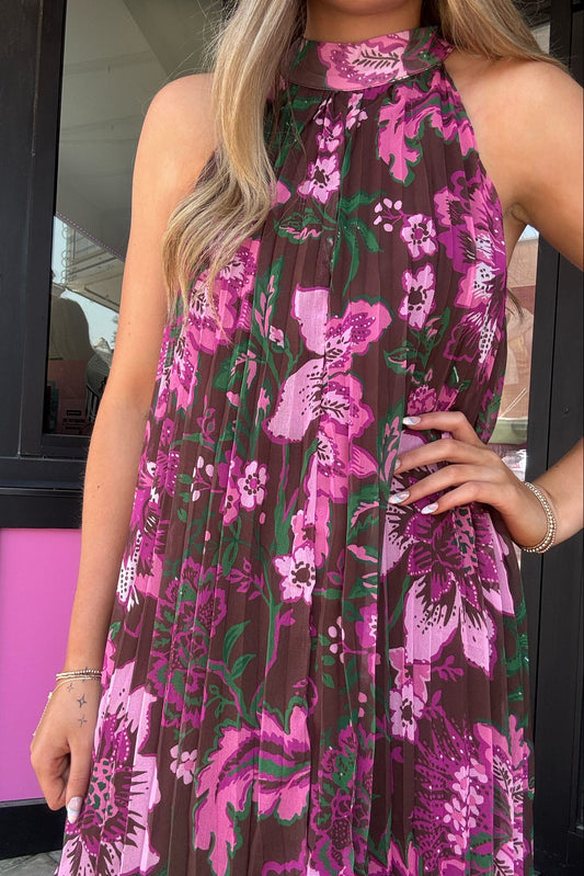 Floral Pleated Halter Maxi Dress