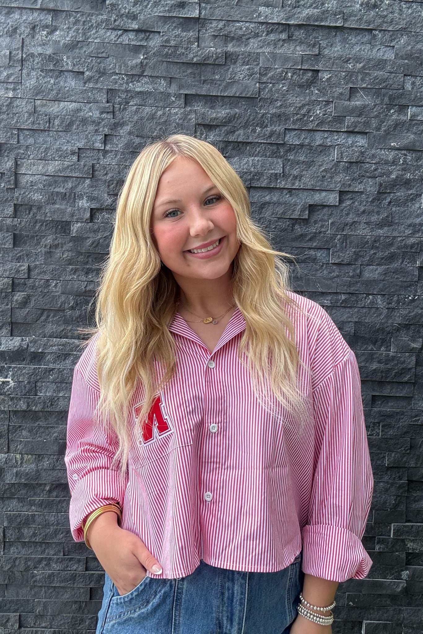 Nebraska Patch Striped Button Up