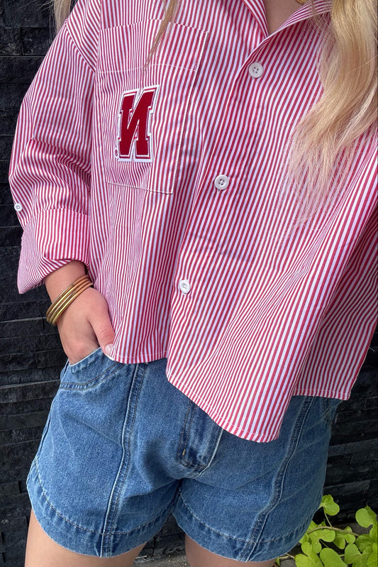 Nebraska Patch Striped Button Up