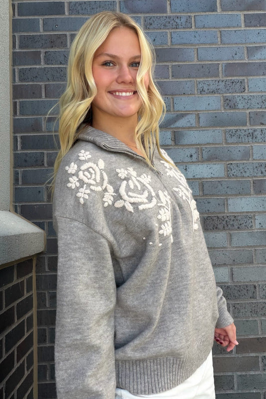 Grey Embroidered Quarter-Zip Sweater