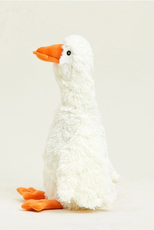 Plush toy goose with orange beak and feet on a light gray background