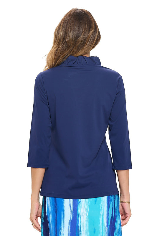 Long Sleeve Ruffle Neck Top - Navy