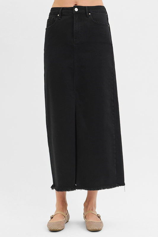 Risen Tummy Control High Rise Black Denim Skirt