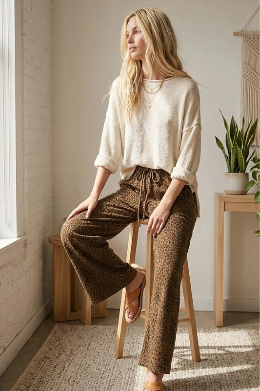 Leopard Wide Leg Drawstring Pants