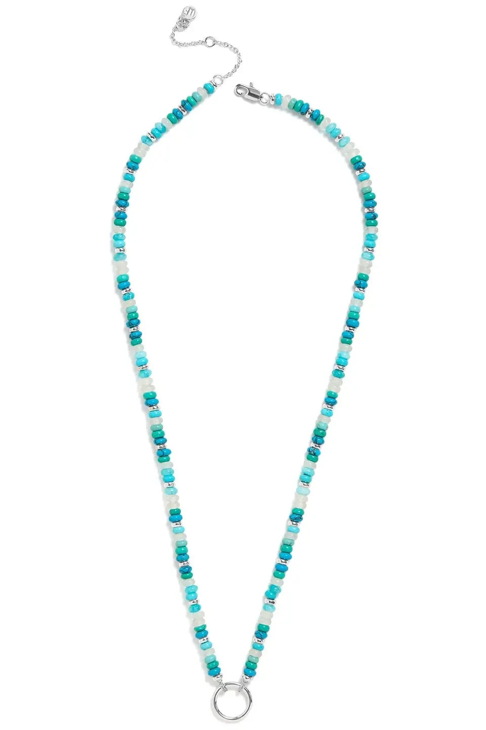 Necklace with turquoise and white beads on a white background