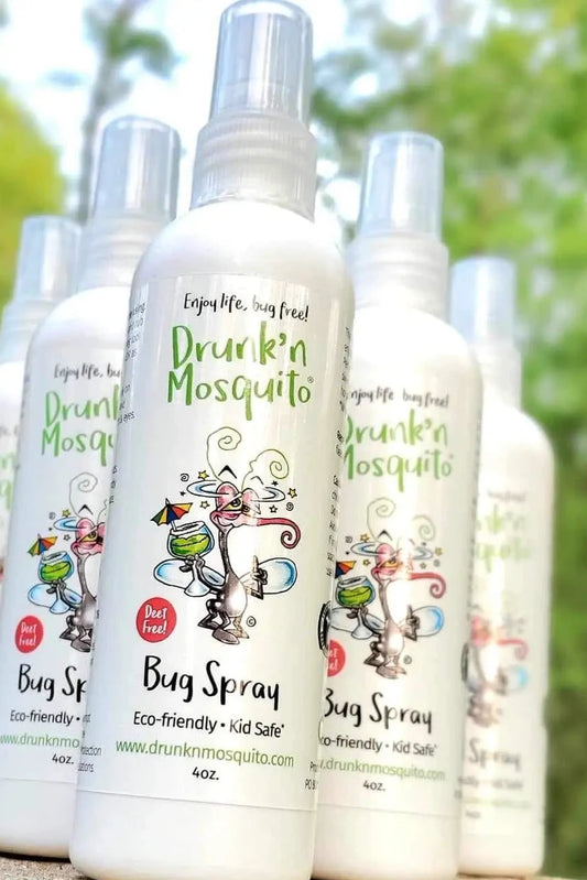 Drunk'n Mosquito bug spray bottles with a natural background