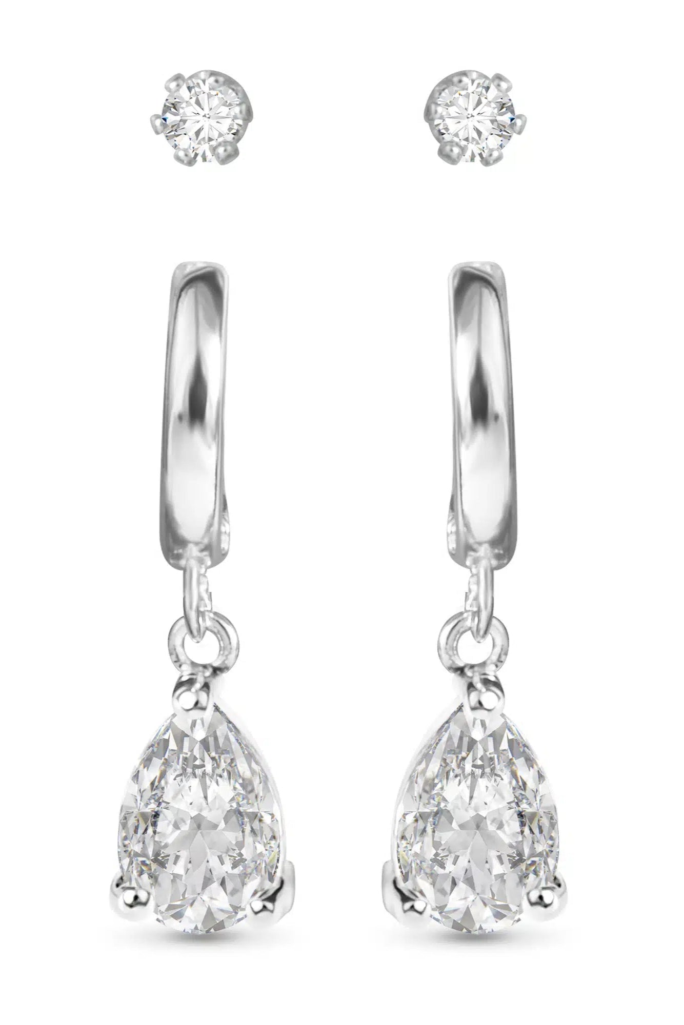 Silver Pear CZ Huggie & Stud Duo Earrings
