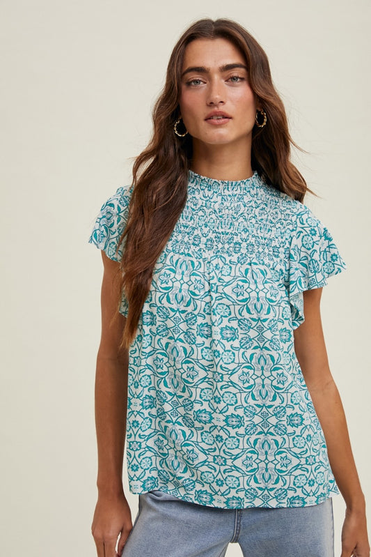 Mosaic Smocked High-Neck Blouse