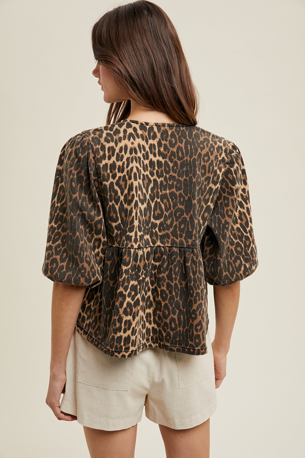 Bow Detail Leopard Denim Top