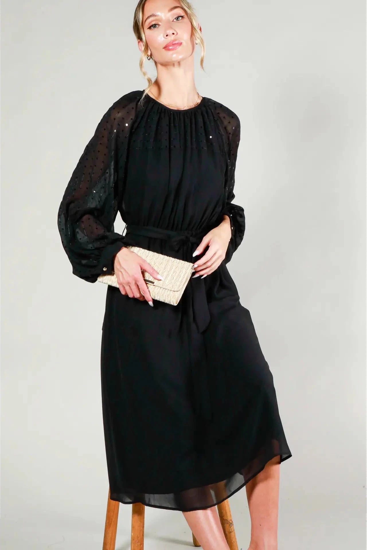 Sequin Embroidered Tie Waist Midi Waist