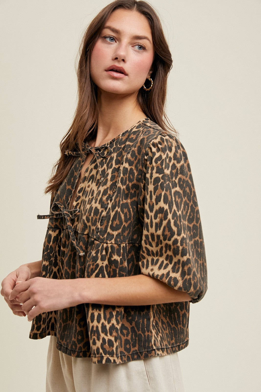 Bow Detail Leopard Denim Top