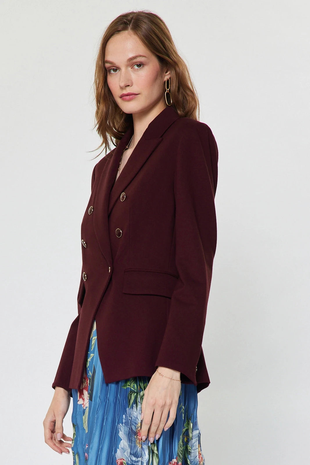 Notch Collar Double Breasted Jacket - Burgundy