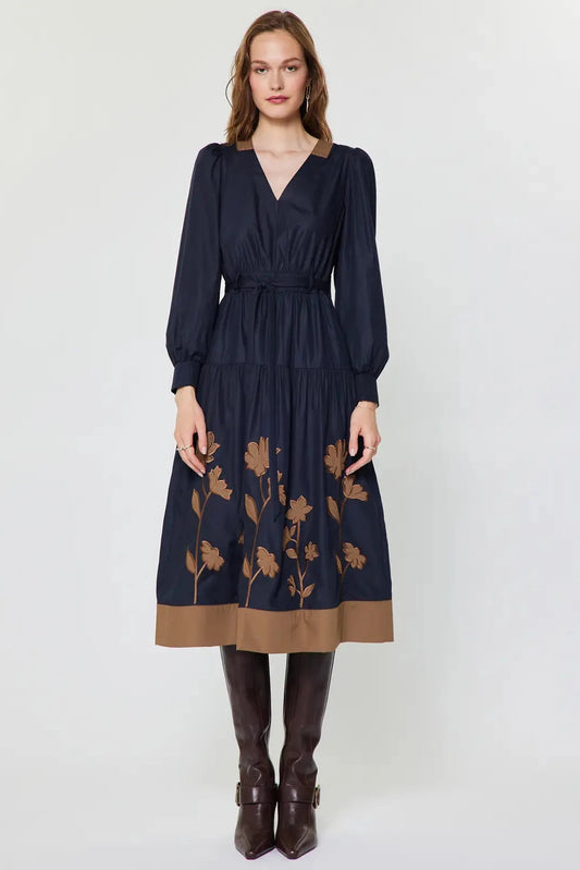 navy and brown midi dress
