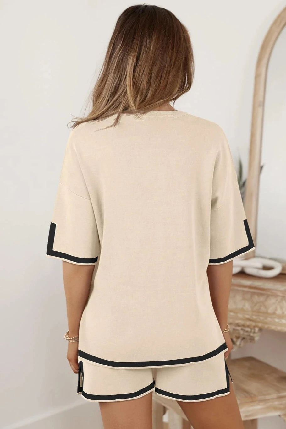 Ribbed Knit Shorts Lounge Set - Beige