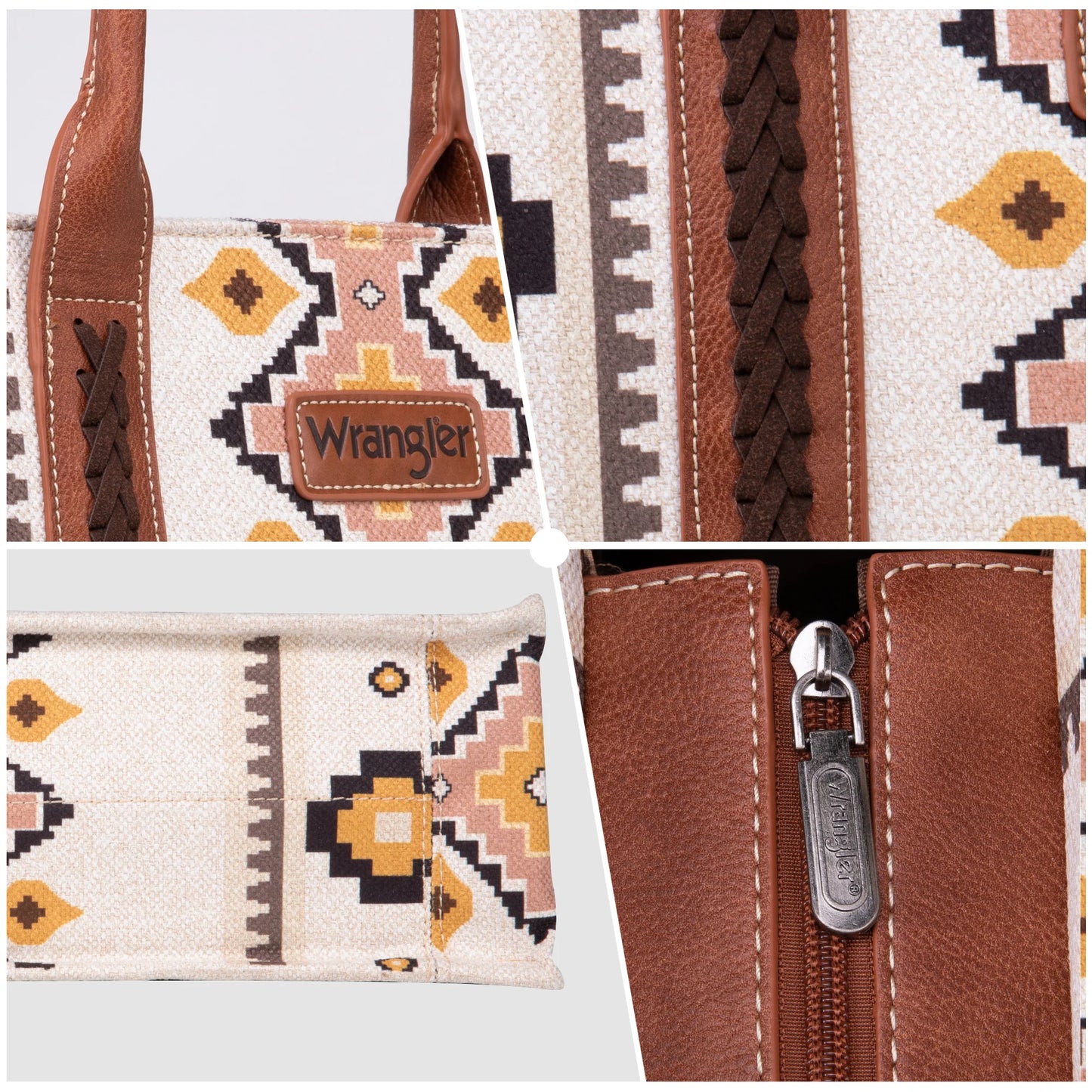 Pre-Order Wrangler Southwestern Pattern Dual Sided Print Canvas Wide Tote - Cream