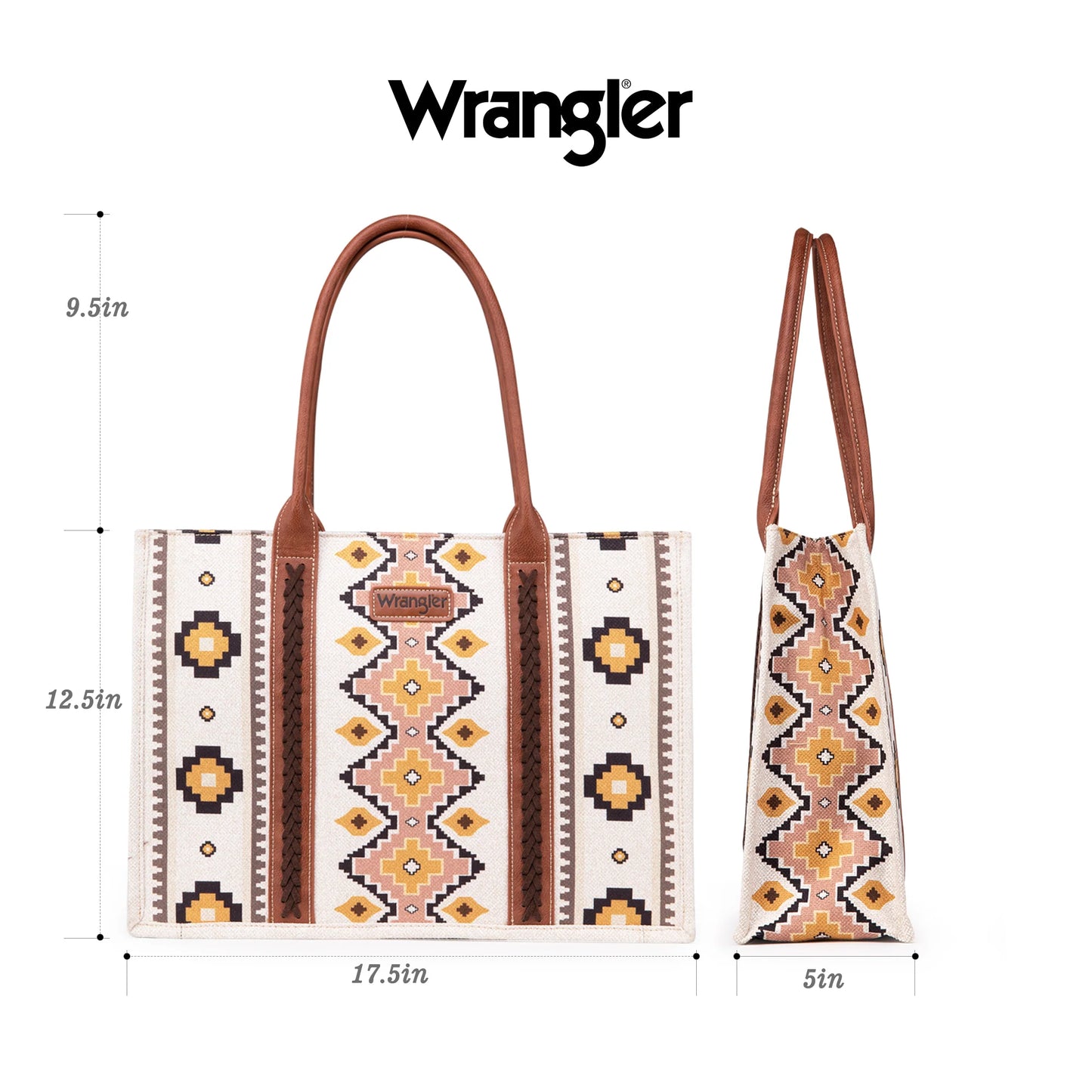 Pre-Order Wrangler Southwestern Pattern Dual Sided Print Canvas Wide Tote - Cream
