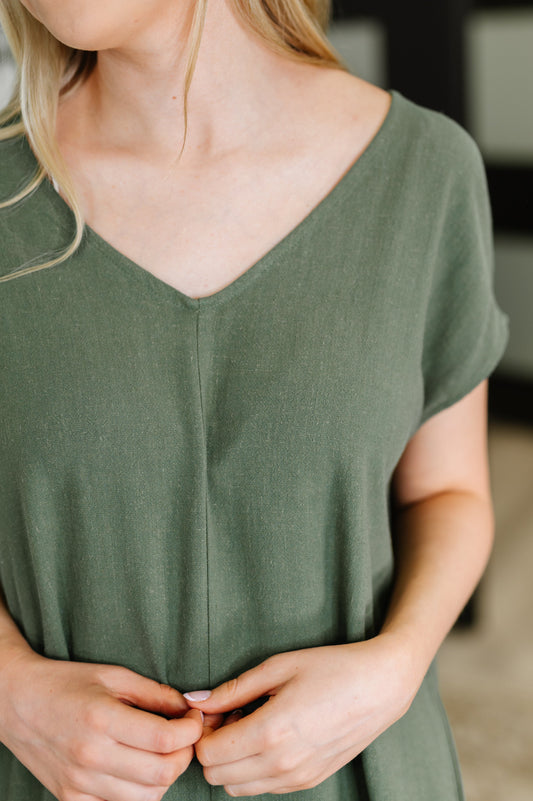 Barely Trying V-Neck Relaxed Dress in Gray Green (Online Exclusive)