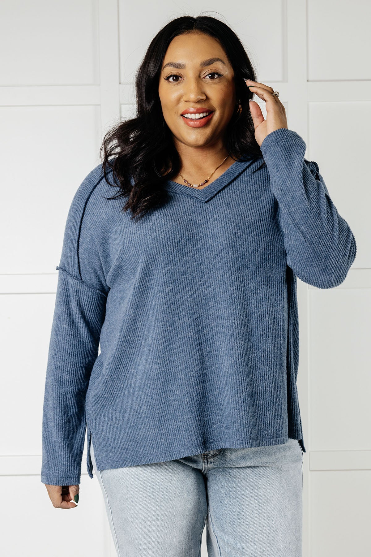 Basically Freezing Brushed Hacci Top in Dusty Blue (Online Exclusive)