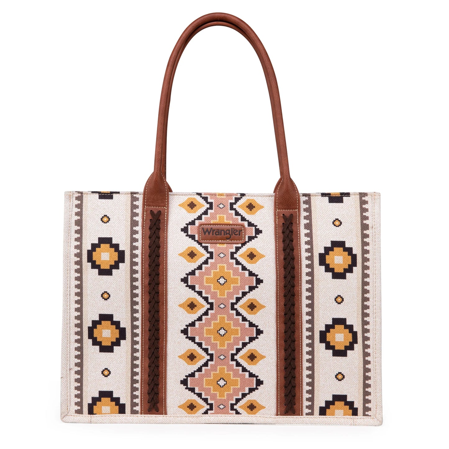 Pre-Order Wrangler Southwestern Pattern Dual Sided Print Canvas Wide Tote - Cream