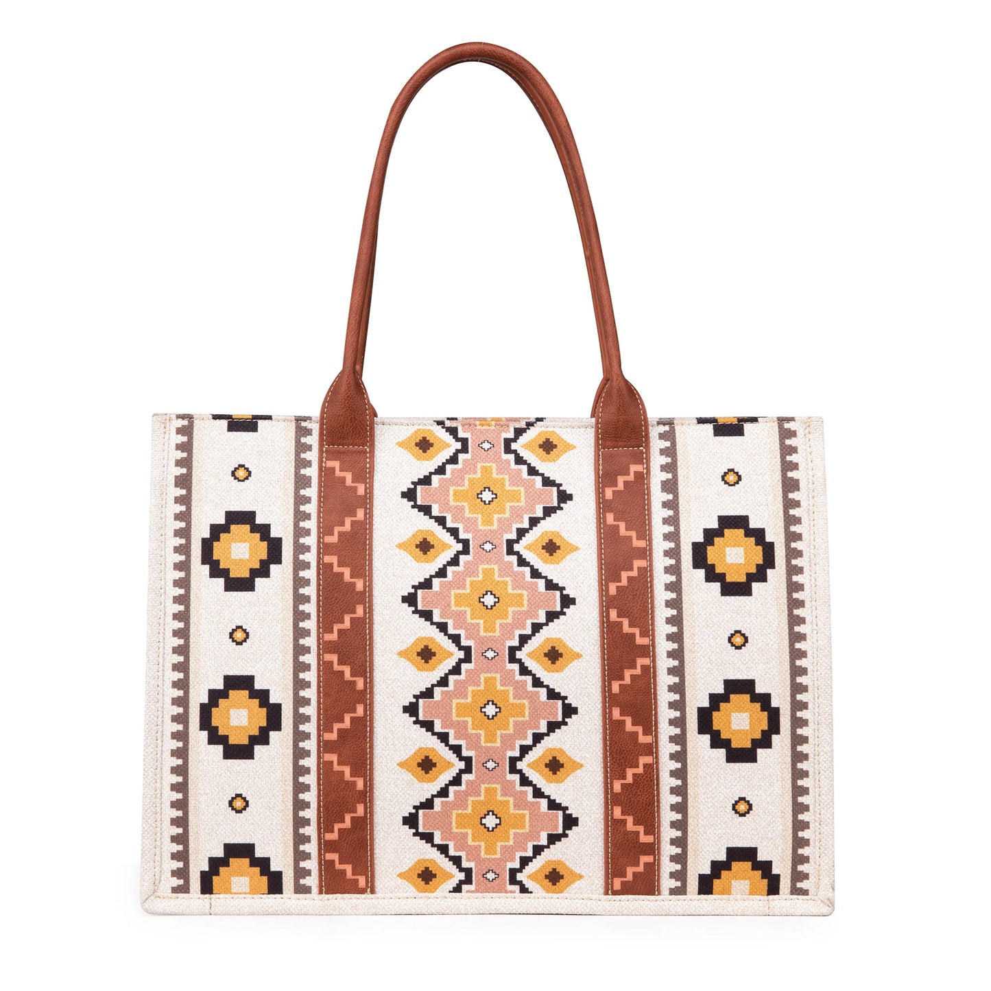 Pre-Order Wrangler Southwestern Pattern Dual Sided Print Canvas Wide Tote - Cream