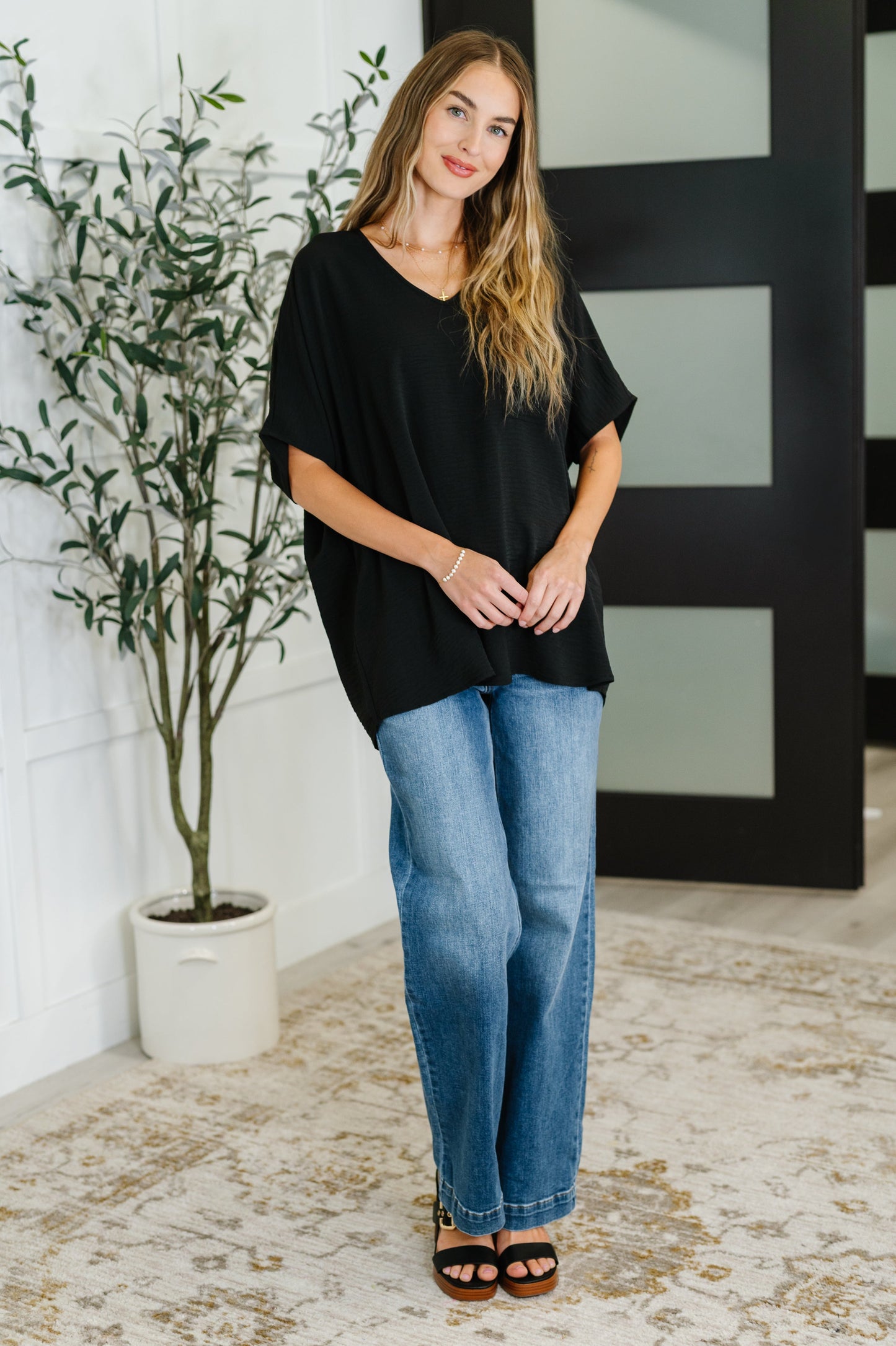 Coastal Ease V-Neck Top in Black (Online Exclusive)