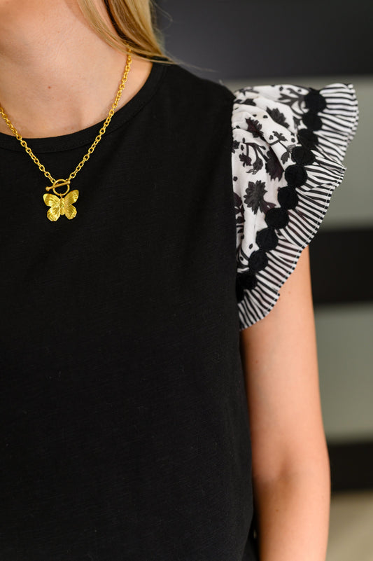 Contrast Flutter Sleeve Top in Black (Online Exclusive)
