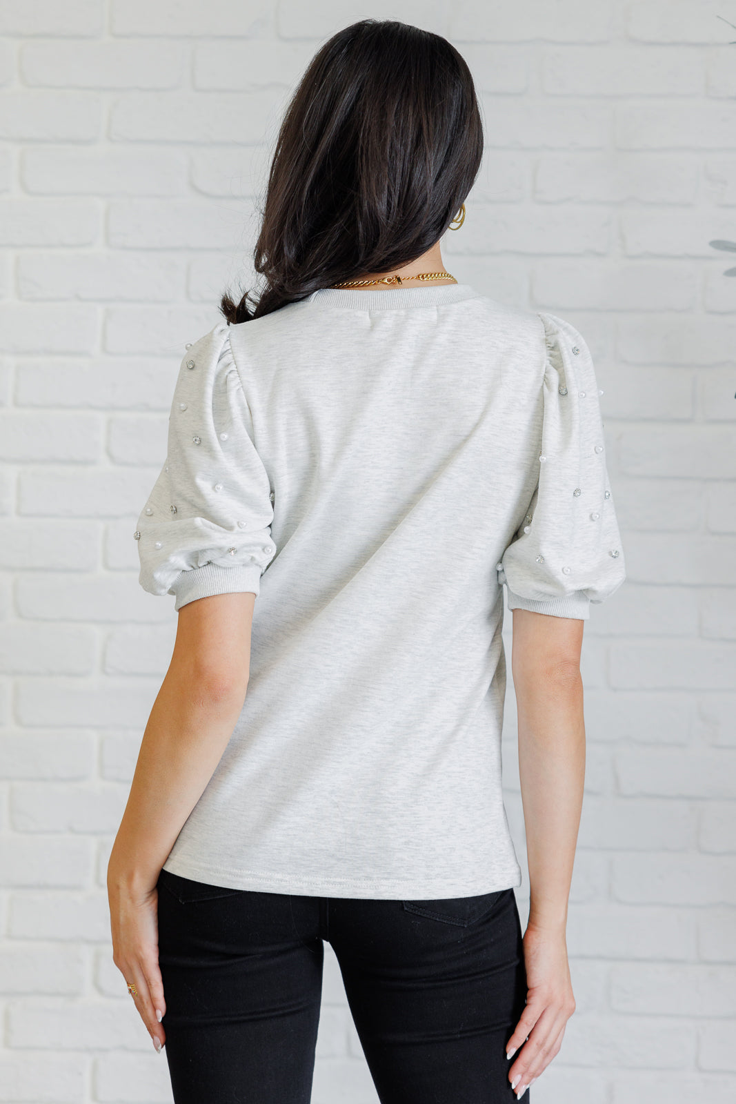 Diamonds and Pearls Puff Sleeve Top in Light Grey (Online Exclusive)