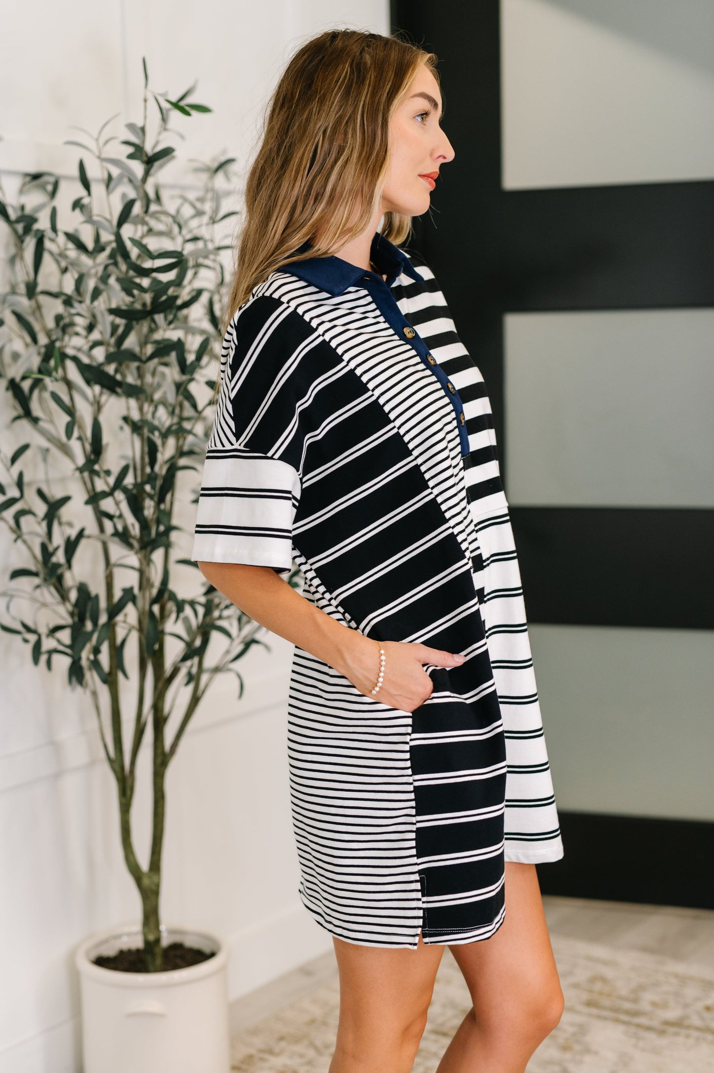 Everlasting Love Striped Collared Dress in Black and Navy (Online Exclusive)