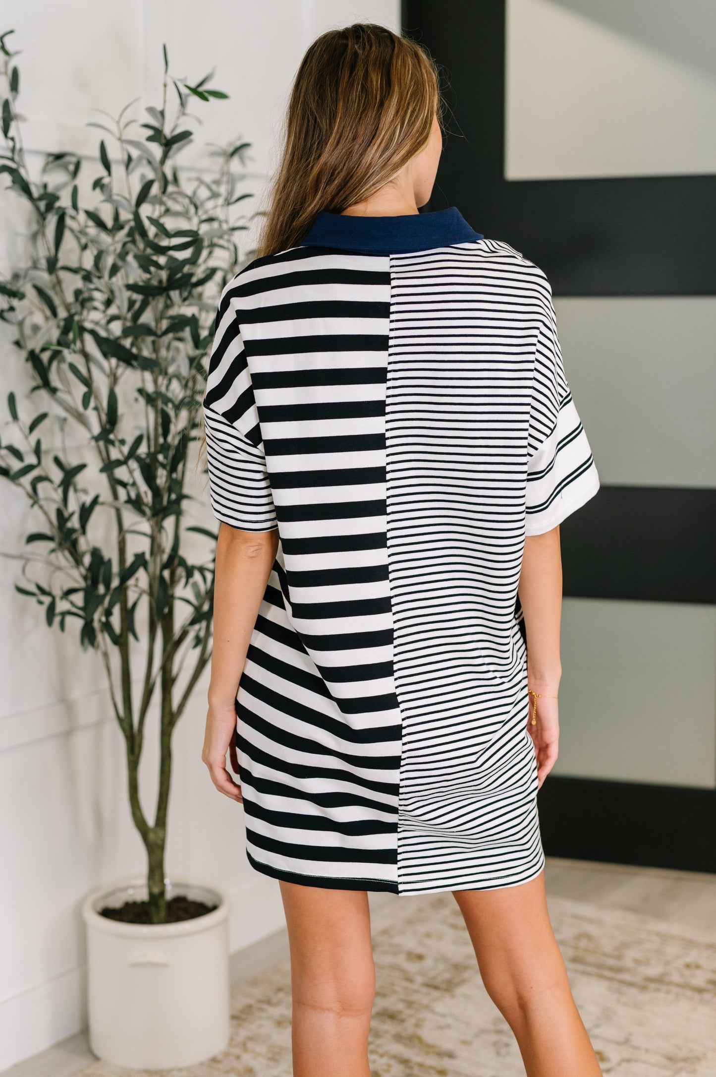 Everlasting Love Striped Collared Dress in Black and Navy (Online Exclusive)