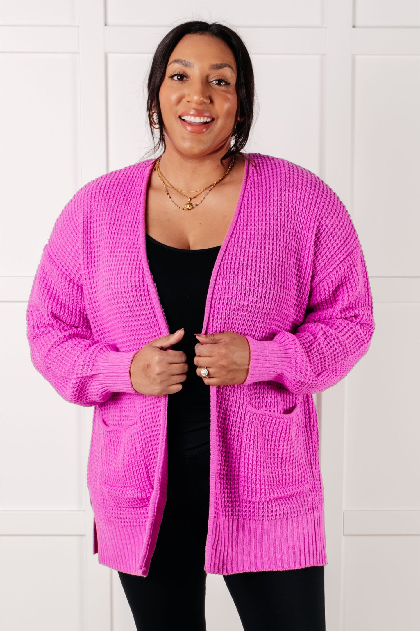 Everything Layer Waffle Knit Open Front Cardigan in Bright Mauve (Online Exclusive)