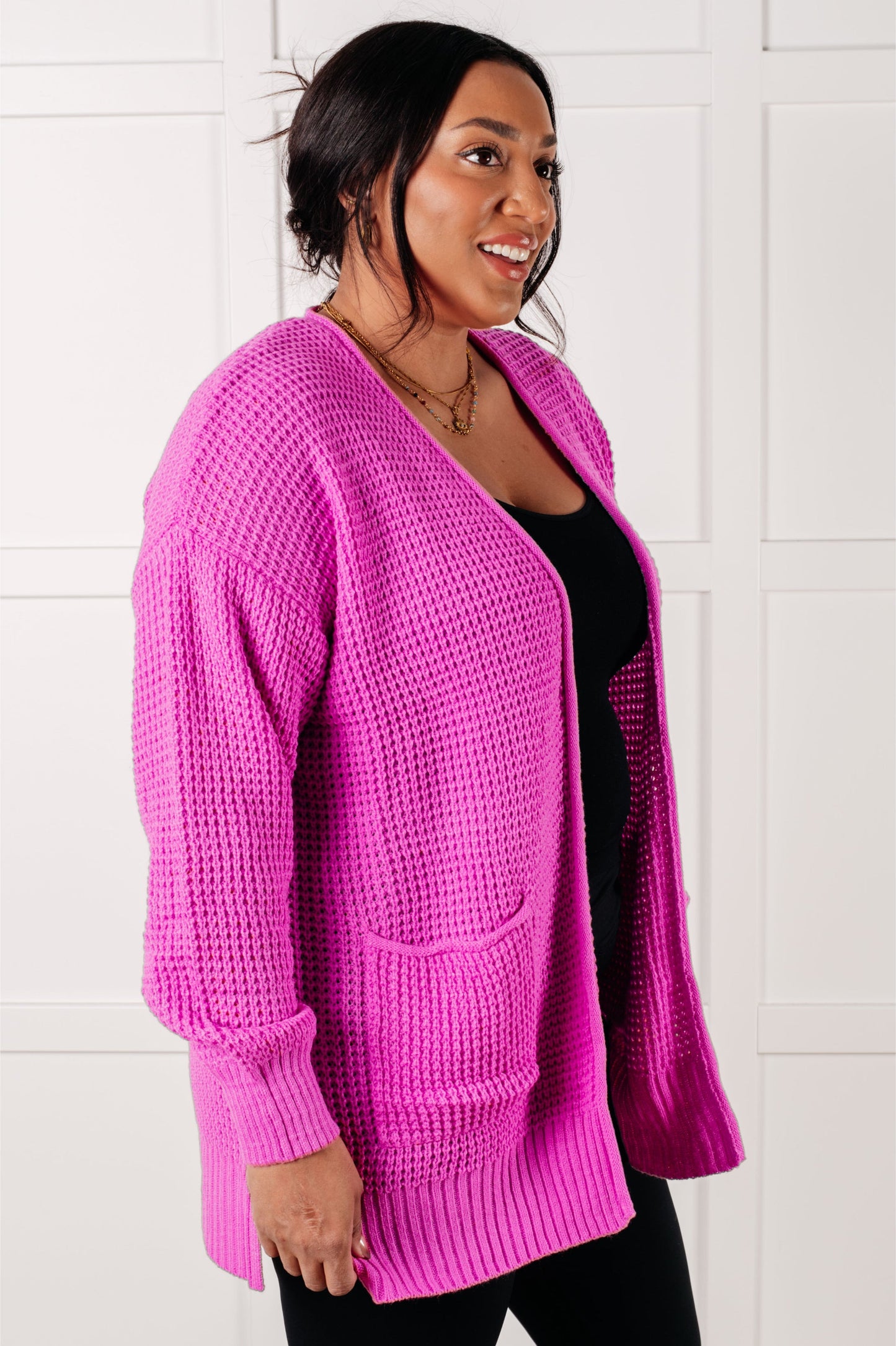 Everything Layer Waffle Knit Open Front Cardigan in Bright Mauve (Online Exclusive)